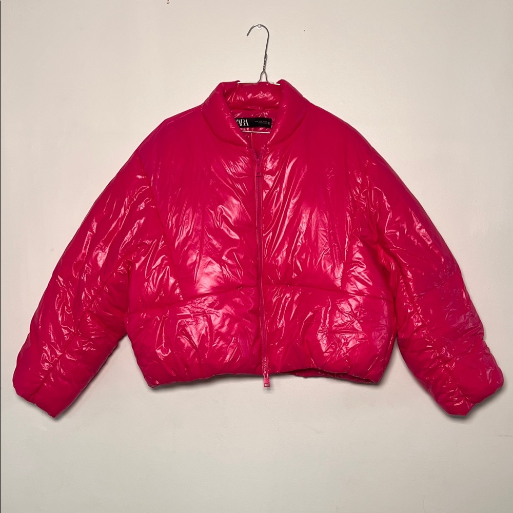 Zara Bright Pink Glossy Cropped Puffer Jacket